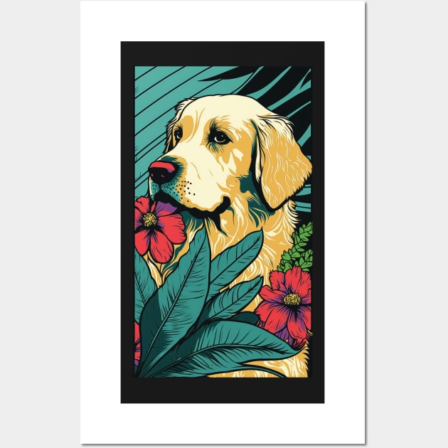 Golden Retriever Dog Vibrant Tropical Flower Tall Retro Vintage Digital Pop Art Portrait Wall Art by ArtHouseFlunky